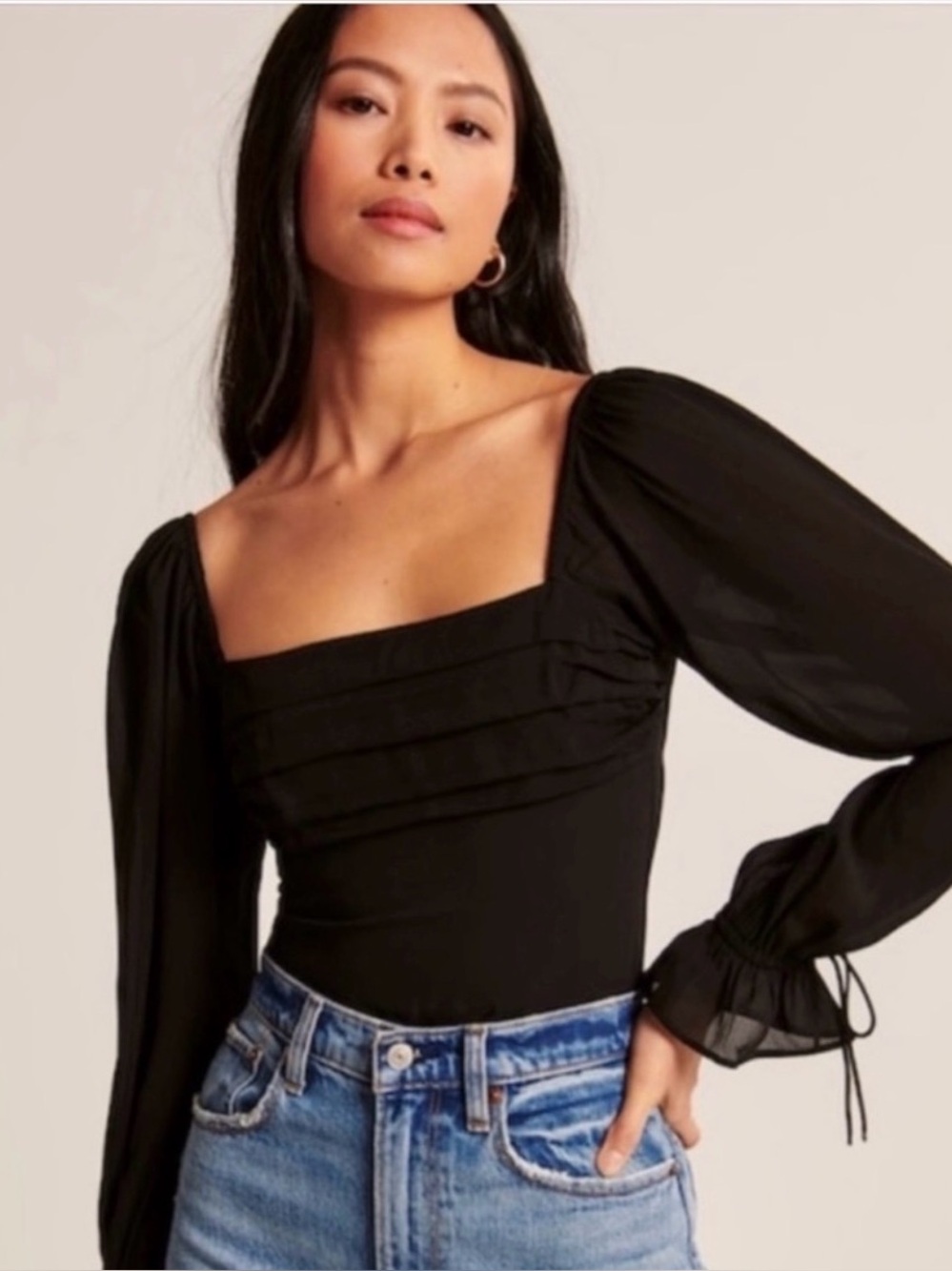Abercrombie & Fitch | Green Long-Sleeve Pleated Tie-Sleeve Top